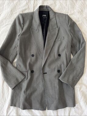 Zara Black & White Houndstooth Double-Breasted Blazer